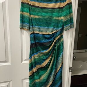 London Times Green and Blue Asymmetrical Ruched Sheath Dress